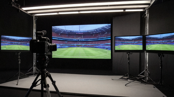 体育赛事直播演播室内的多机位导播画面